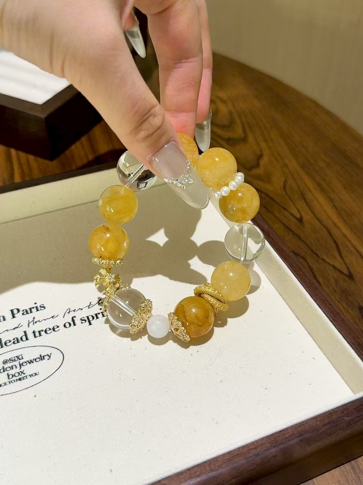 Golden Radiance: Yellow Epoxy Flower, Clear Quartz & Blue Moonstone Healing Bracelet (17mm)