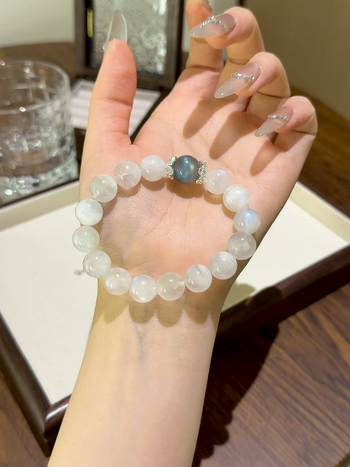 Lunar Whisper Crystal Bracelet - Blue and Grey Moonstone