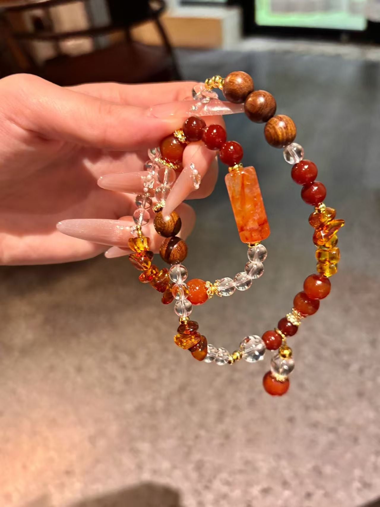 Healing Qi & Luck Crystal Bracelet: Red Rutilated Quartz, Sandalwood, Carnelian, Clear Quartz