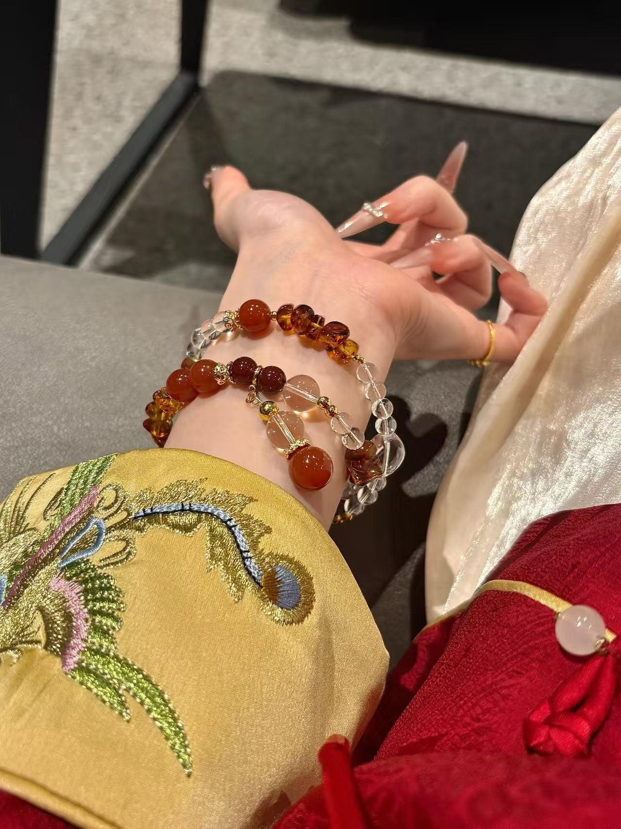 Healing Qi & Luck Crystal Bracelet: Red Rutilated Quartz, Sandalwood, Carnelian, Clear Quartz