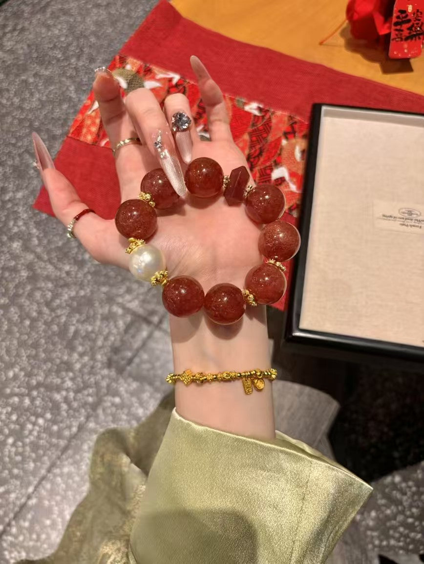 Strawberry Quartz Lustre: Love & Prosperity Golden Bracelet