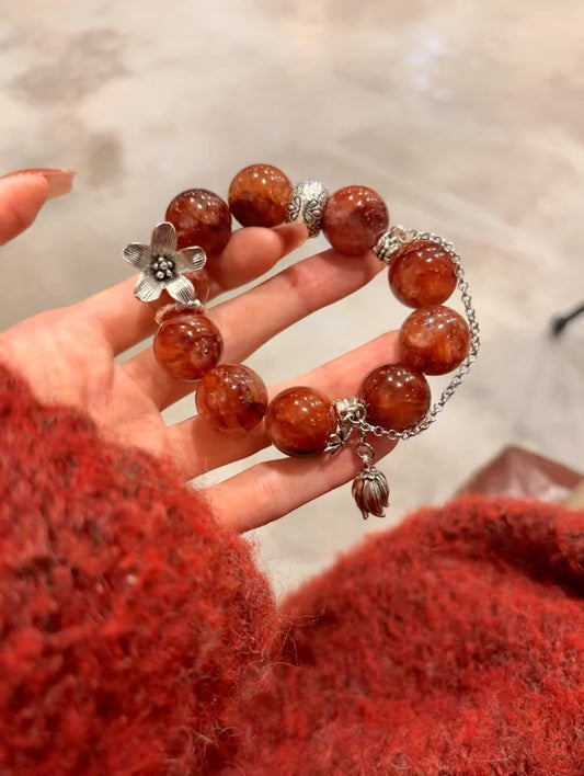 Red Blossom Awakening: Healing Crystal Bracelet with Silver Bell Flower Accents