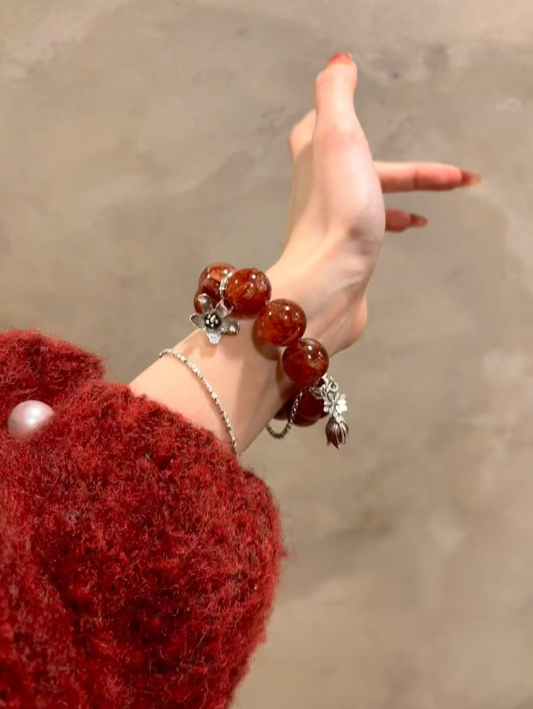 Red Blossom Awakening: Healing Crystal Bracelet with Silver Bell Flower Accents