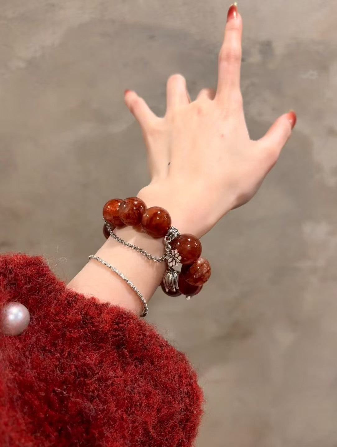 Red Blossom Awakening: Healing Crystal Bracelet with Silver Bell Flower Accents