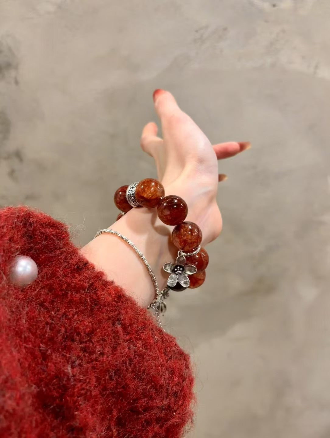 Red Blossom Awakening: Healing Crystal Bracelet with Silver Bell Flower Accents