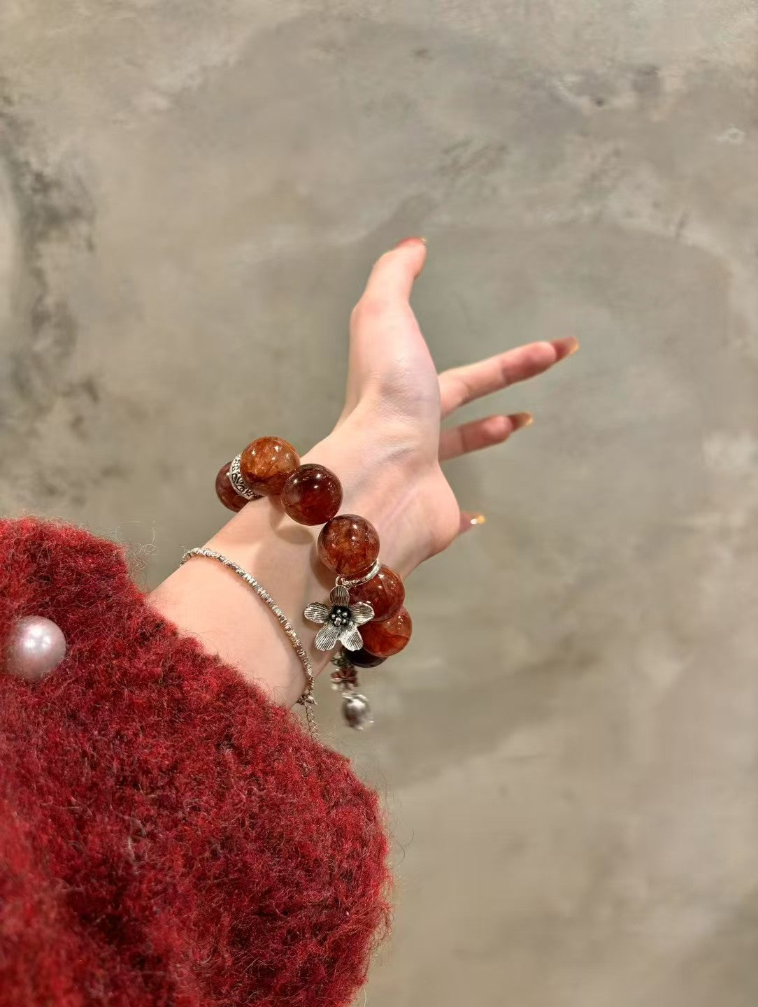 Red Blossom Awakening: Healing Crystal Bracelet with Silver Bell Flower Accents