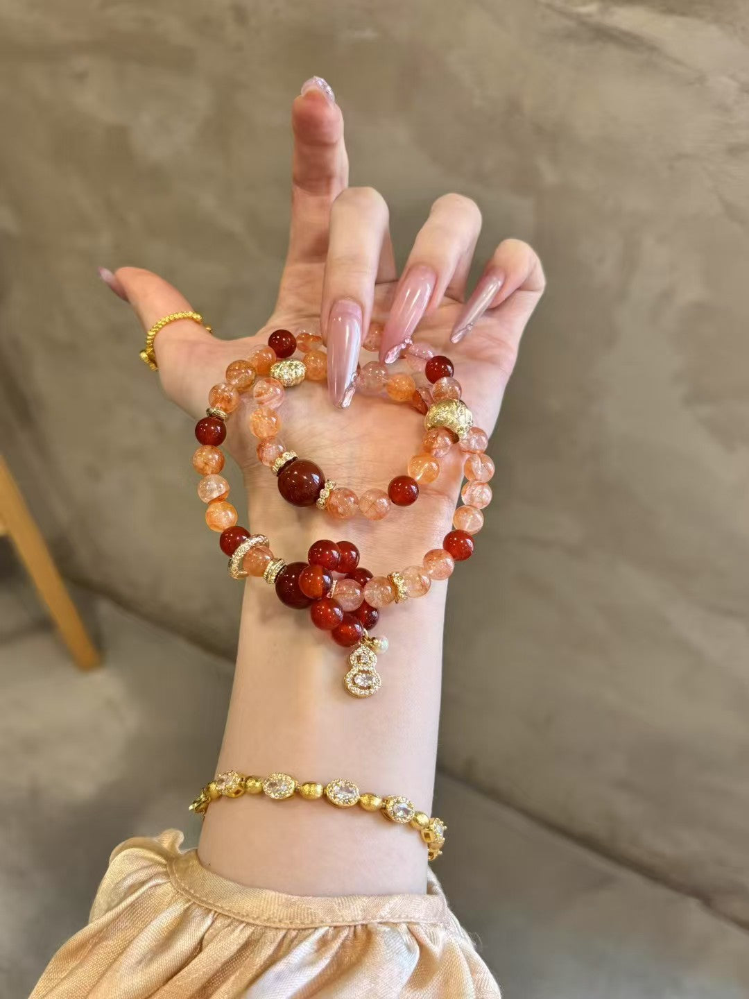 Orange Blossom Vitality: Double-Strand Crystal Bracelet with Fire Quartz & Agate Accents