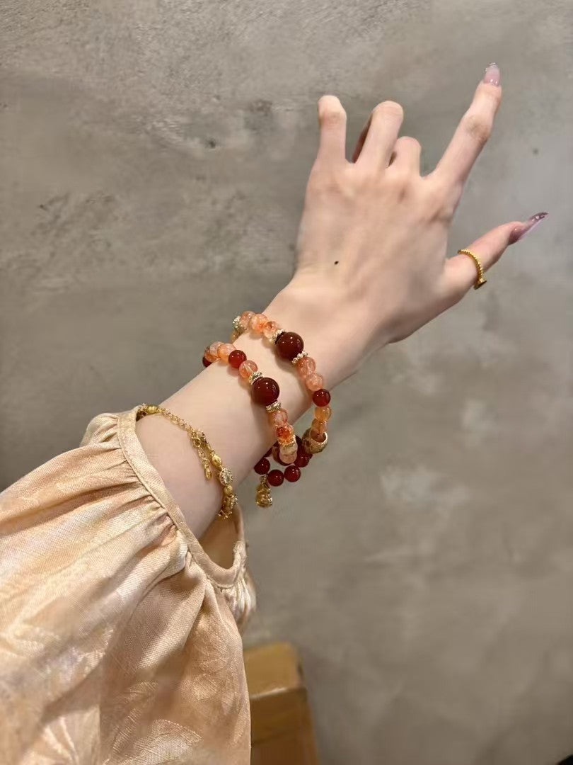 Orange Blossom Vitality: Double-Strand Crystal Bracelet with Fire Quartz & Agate Accents