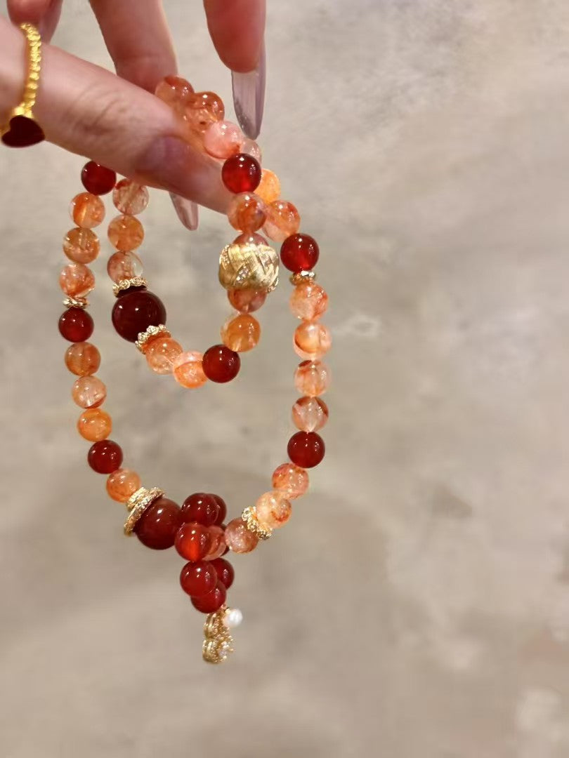 Orange Blossom Vitality: Double-Strand Crystal Bracelet with Fire Quartz & Agate Accents