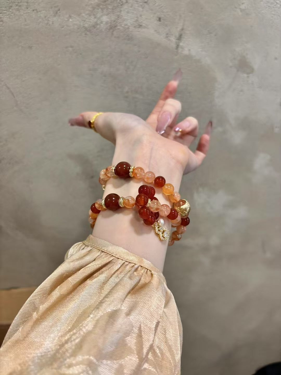 Orange Blossom Vitality: Double-Strand Crystal Bracelet with Fire Quartz & Agate Accents