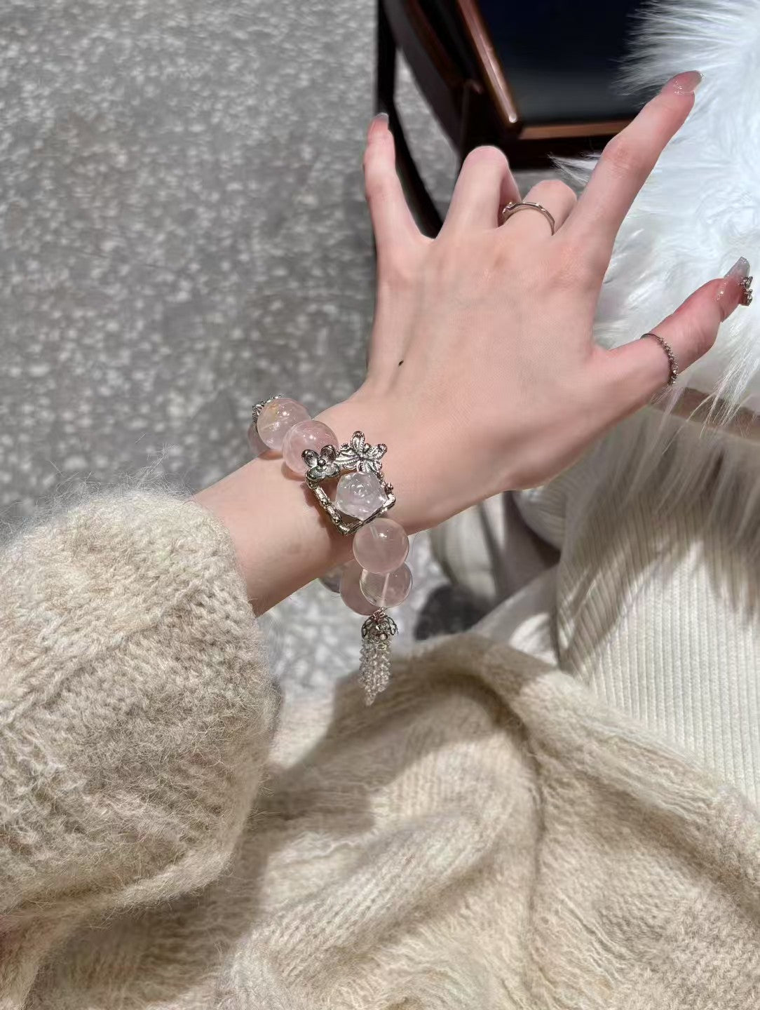 Rose Quartz Sanctuary: Healing Crystal Bracelet with Silver Rose Accents