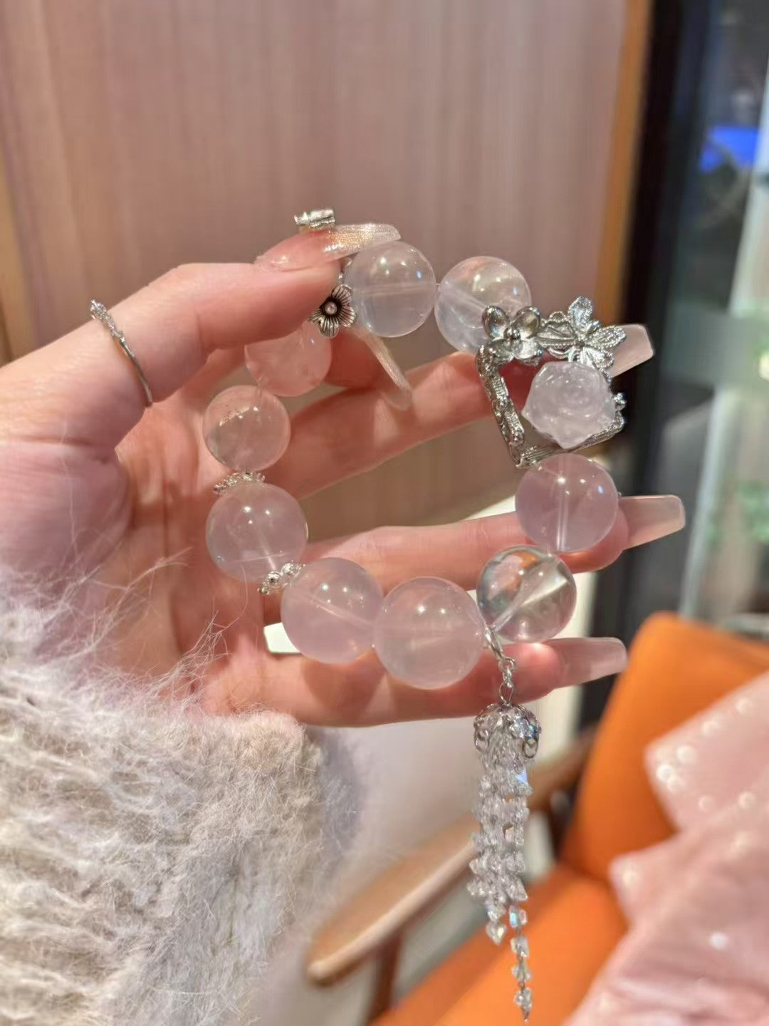 Rose Quartz Sanctuary: Healing Crystal Bracelet with Silver Rose Accents