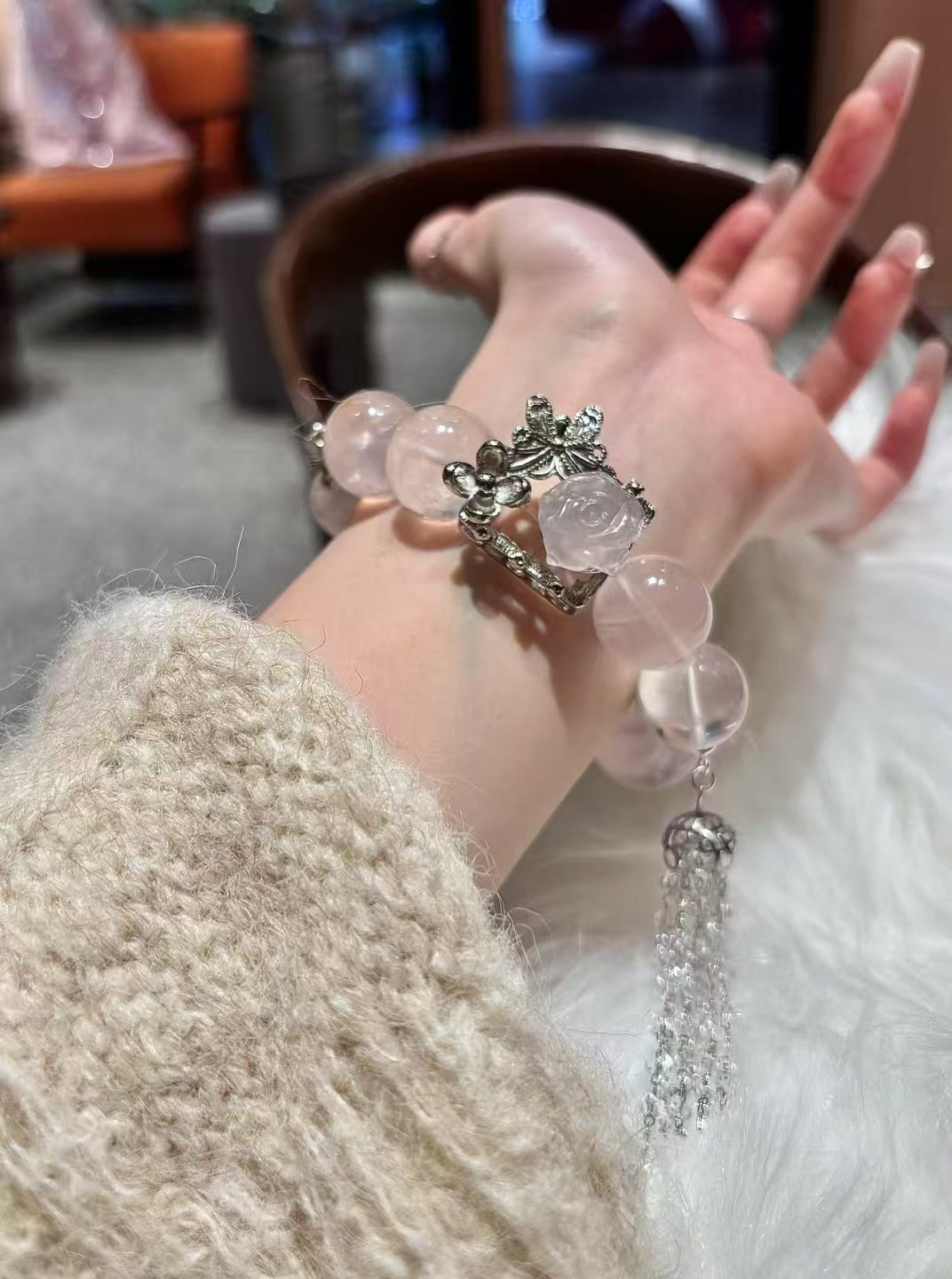 Rose Quartz Sanctuary: Healing Crystal Bracelet with Silver Rose Accents