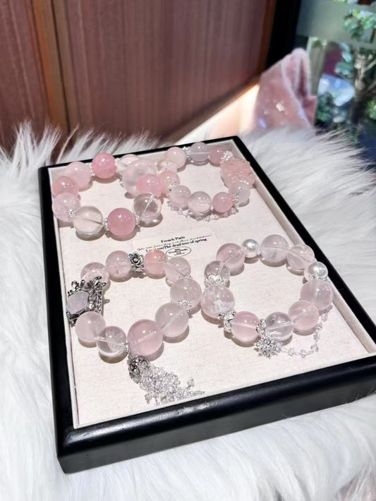 Rose Quartz Sanctuary: Healing Crystal Bracelet with Silver Rose Accents