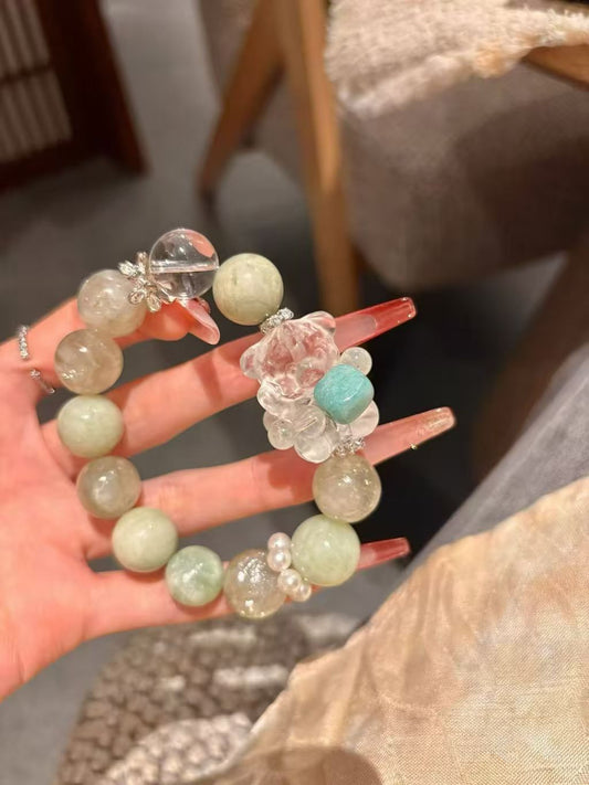 Eastern Whimsy: Jade & Grandmother Crystal Healing Bracelet with Clear Quartz Bear – Spiritual Talisman for Harmony & Joy