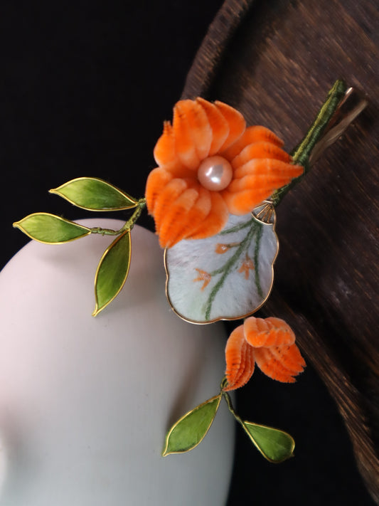 Orange fan hairpin velvet flower craft handicraft