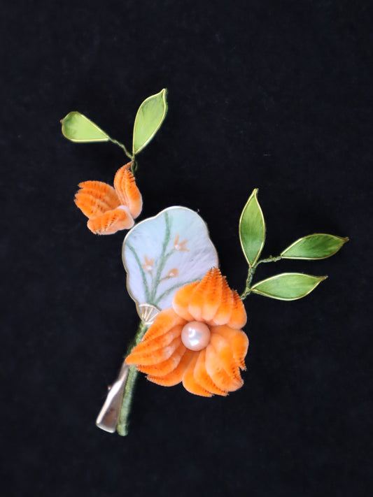 Orange fan hairpin velvet flower craft handicraft